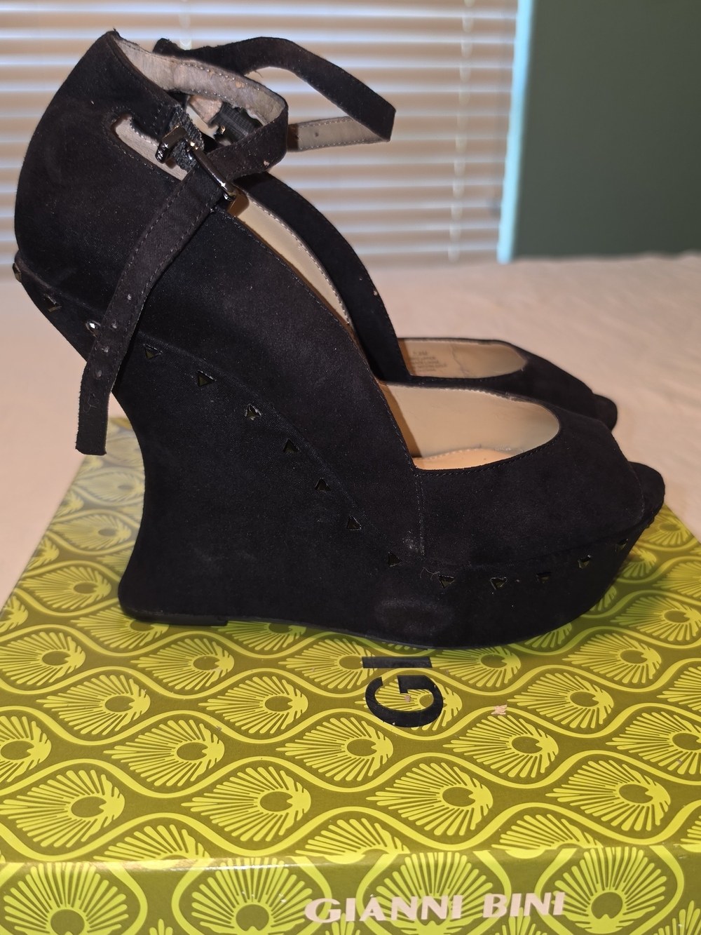 Gianni Bini Athena.  Black Suede Wedge Sandals with Ankle Strap And Black Jewels